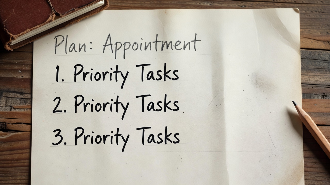 Handwritten daily plan with three short tasks and a penciled appointment