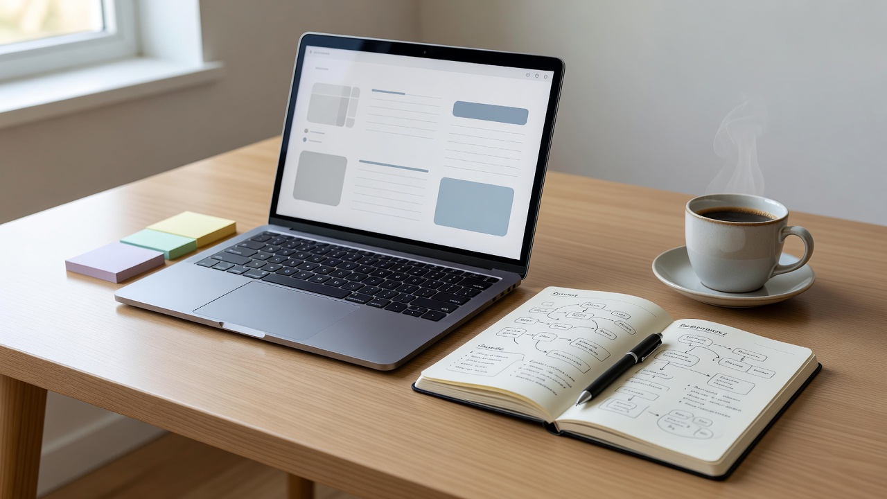 Laptop and reference notebook arranged on a clear desk for organizing notes
