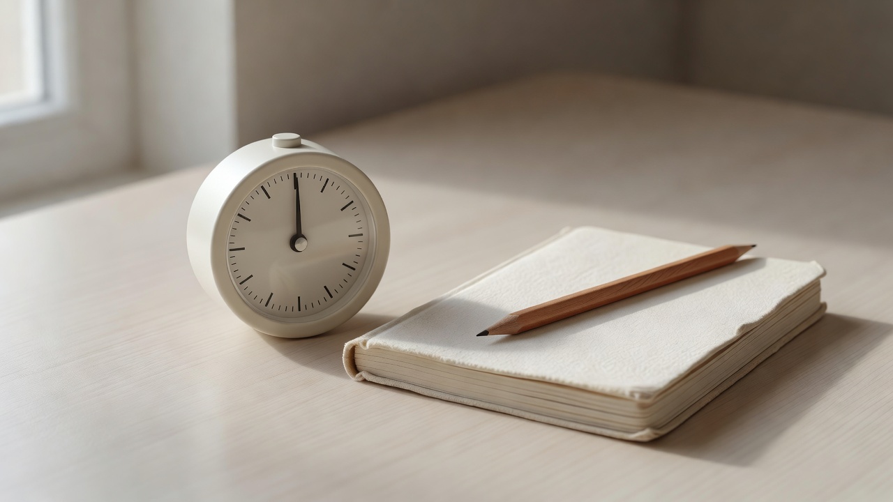 Timer, notebook and pencil in soft window light on a quiet work surface