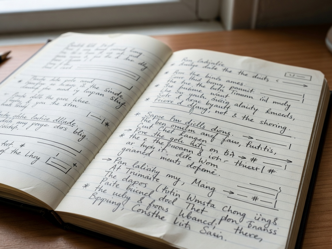 Close-up of a notebook with practical learning notes and simple margin annotations